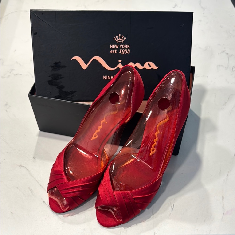 Nina Culver Red Satin Peep Toe Heels Size 9 (Worn Once!)